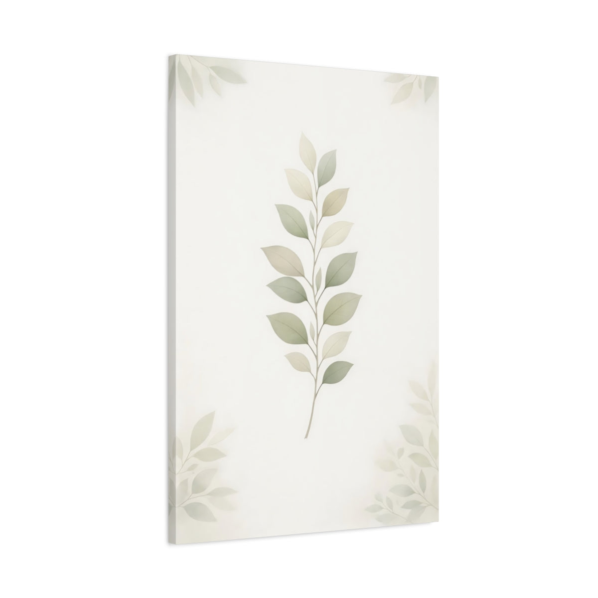 Side Mockup 1. Nature Leaf Branch Pastel Green Leaves shown as stretched canvas wall art