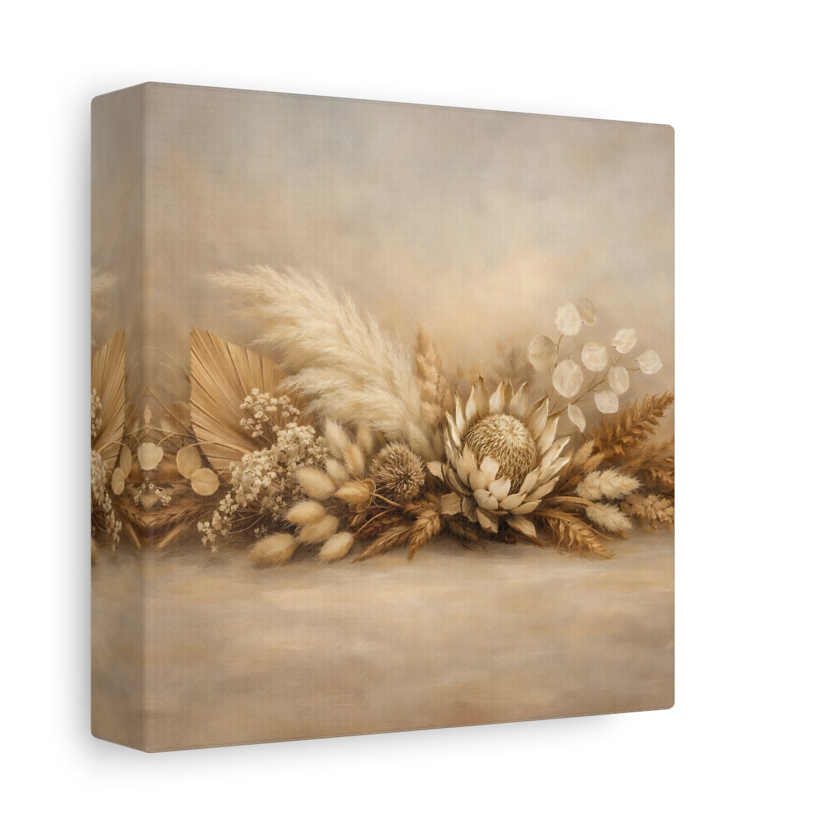 Side Mockup 1. Nature Dried Botanicals Beige Dried Botanicals shown as stretched canvas wall art