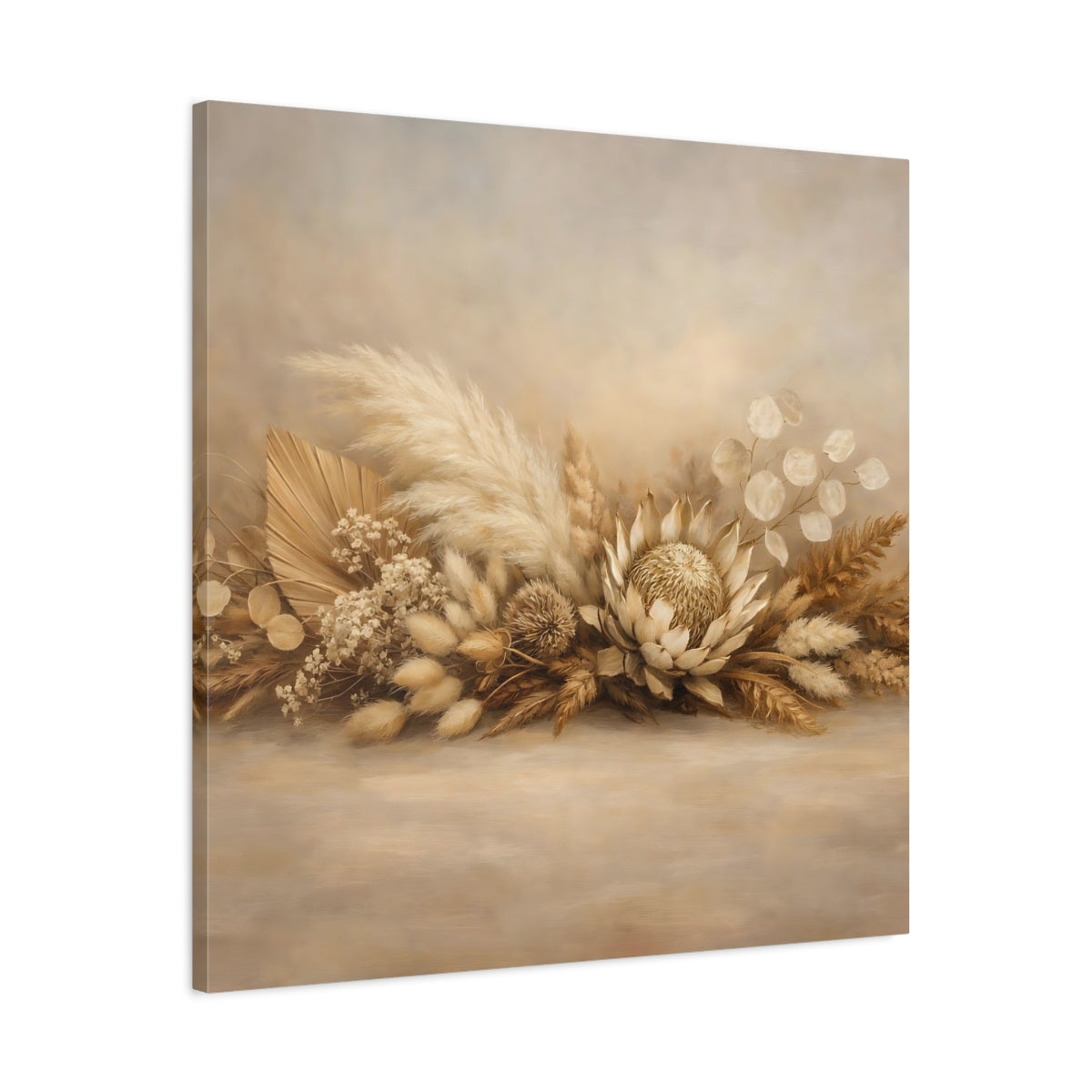 Side Mockup 3. Nature Dried Botanicals Beige Dried Botanicals shown as stretched canvas wall art