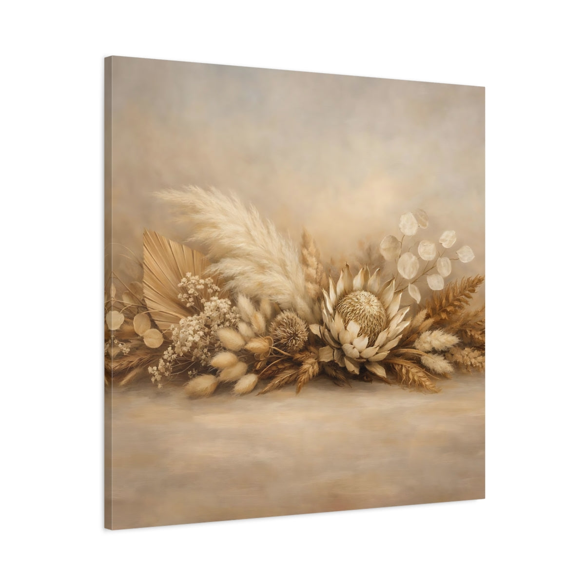 Side Mockup 2. Nature Dried Botanicals Beige Dried Botanicals shown as stretched canvas wall art