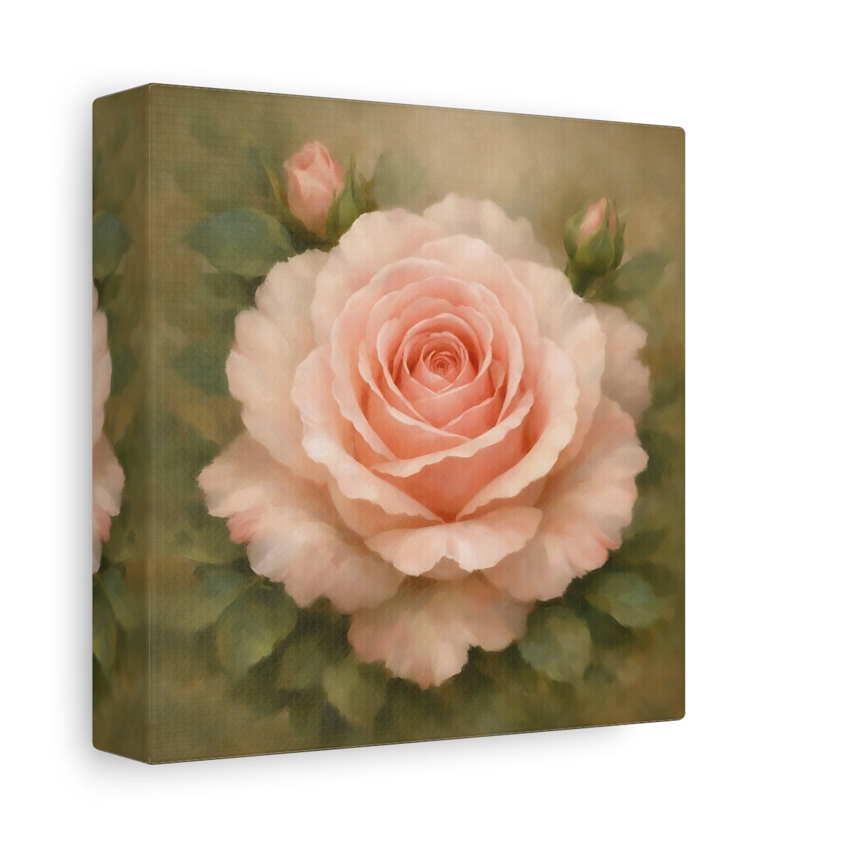Side Mockup 1. Floral Pink Rose Pink Rose Floral shown as stretched canvas wall art