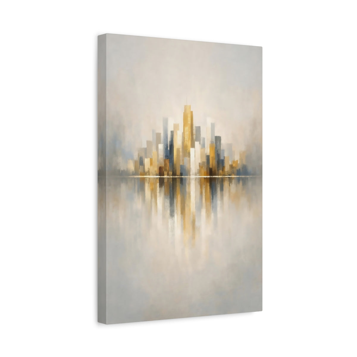 Side Mockup 4. Abstract Cityscape Gold Grey Cityscape shown as stretched canvas wall art