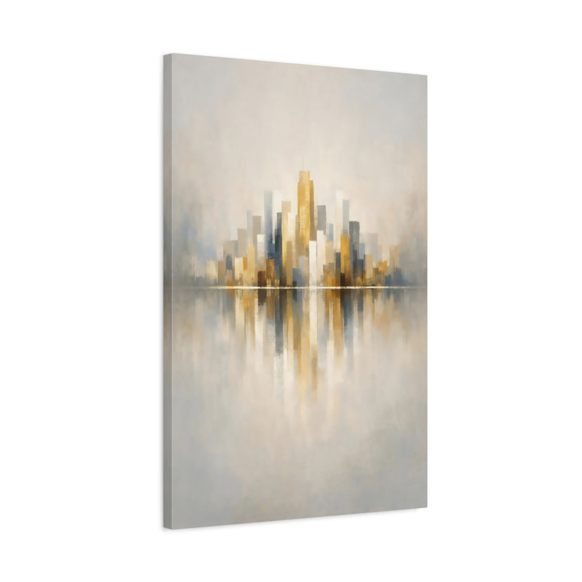 Side Mockup 2. Abstract Cityscape Gold Grey Cityscape shown as stretched canvas wall art