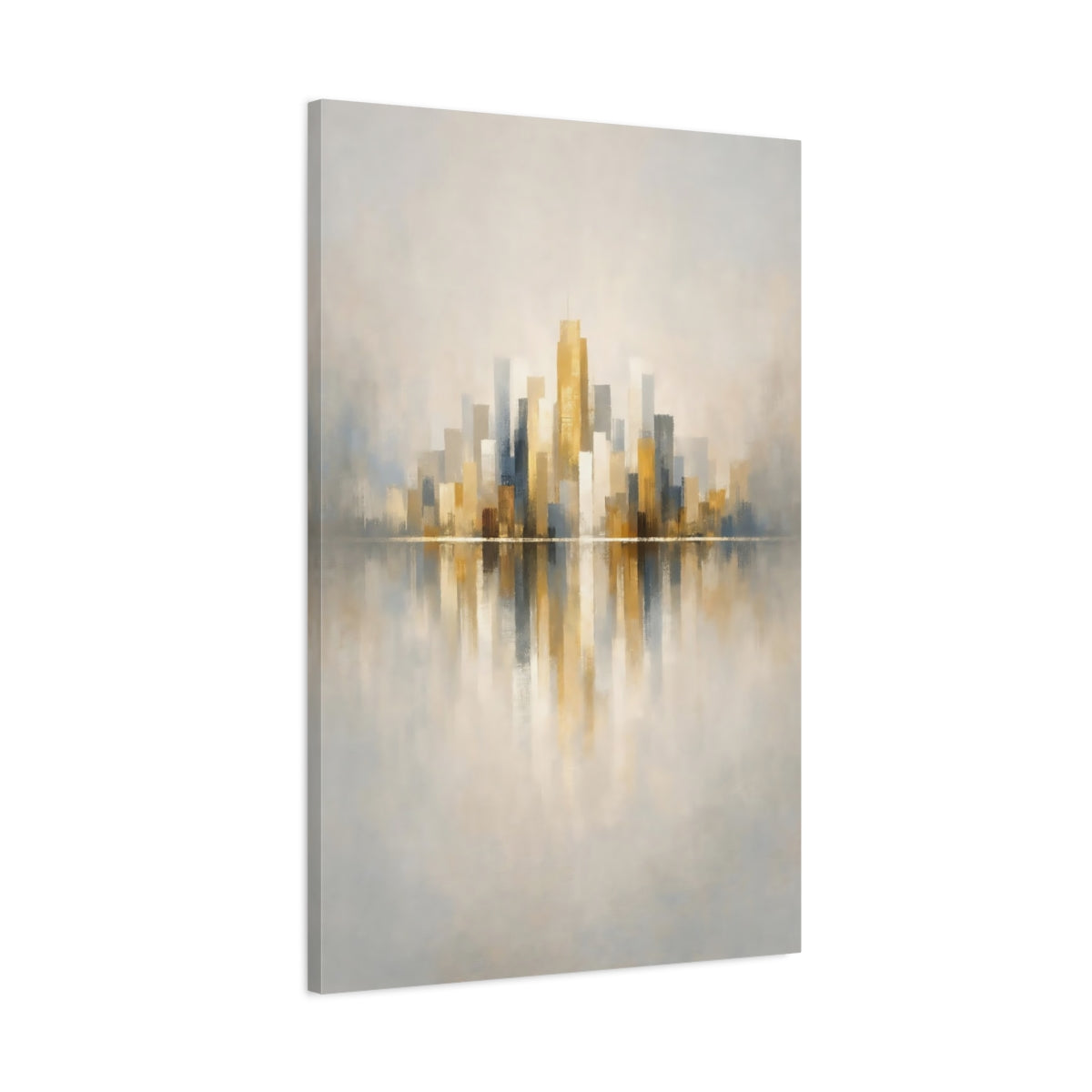 Side Mockup 1. Abstract Cityscape Gold Grey Cityscape shown as stretched canvas wall art