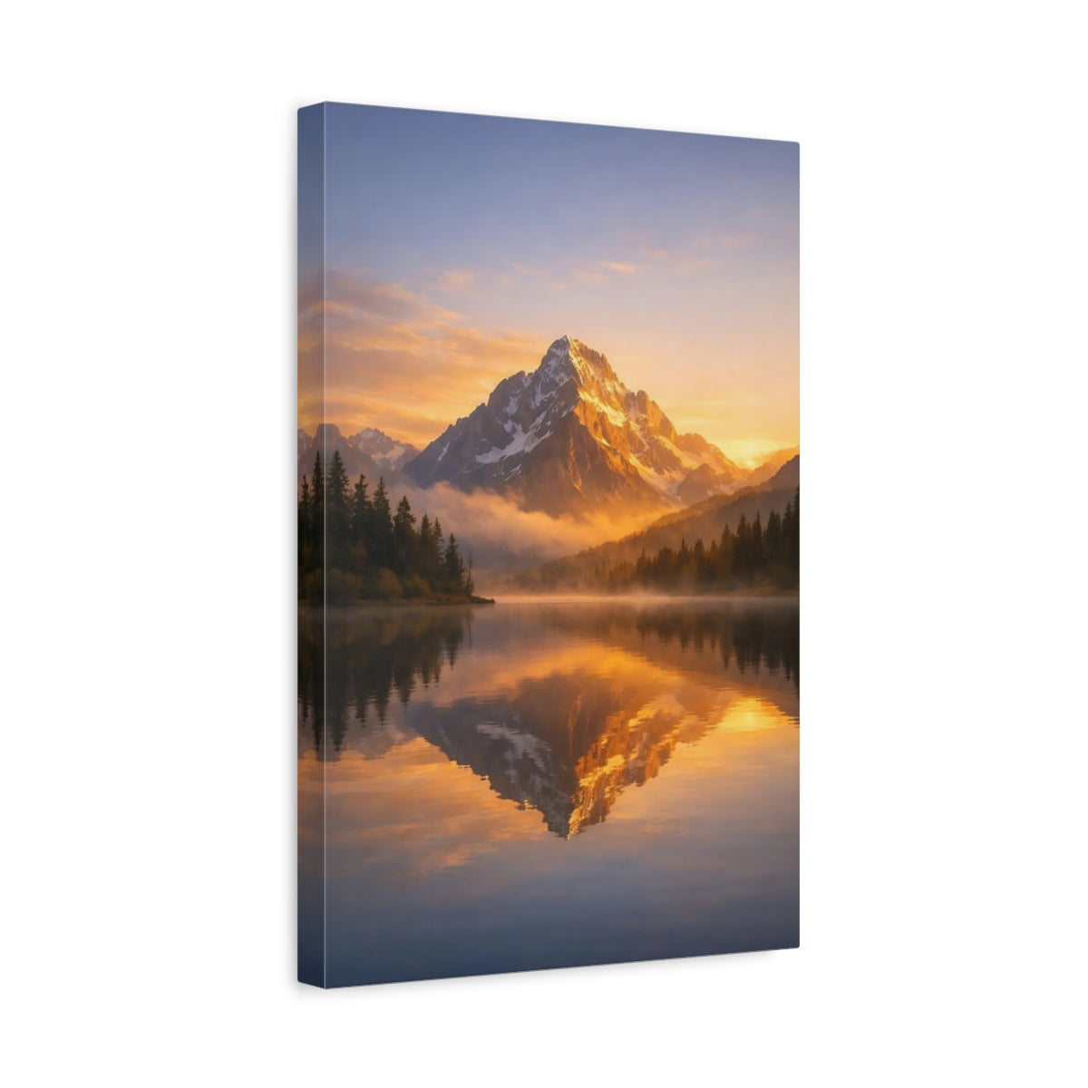 Side Mockup 4. Nature Mountain Golden Mountain Lake shown as stretched canvas wall art