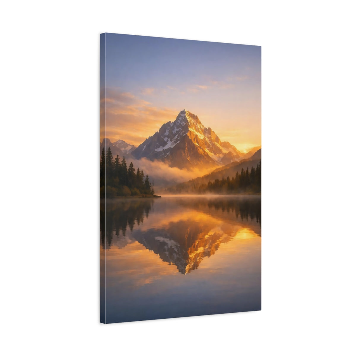 Side Mockup 2. Nature Mountain Golden Mountain Lake shown as stretched canvas wall art