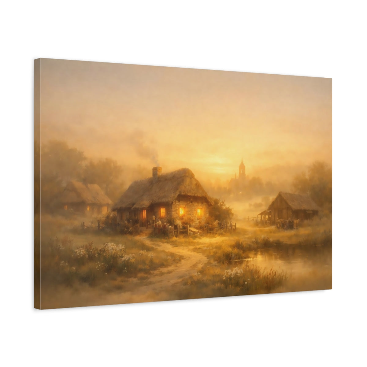 Golden Glow Rustic Village Cottages Fairytale - Canvas Wall Art Print