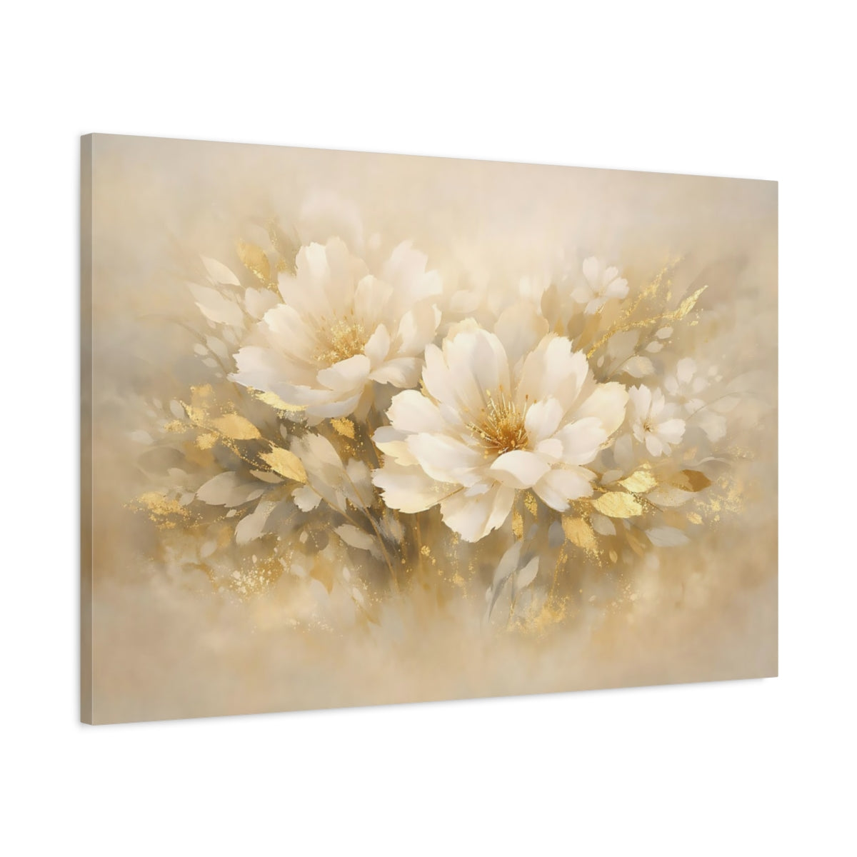 Side Mockup 1. Floral Gold Abstract shown as stretched canvas wall art