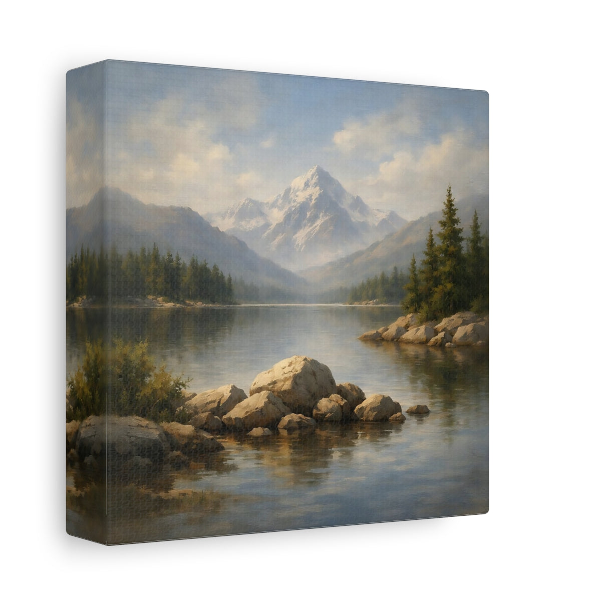 Side Mockup 1. Nature Mountain Lake Mountain Lake Landscape shown as stretched canvas wall art