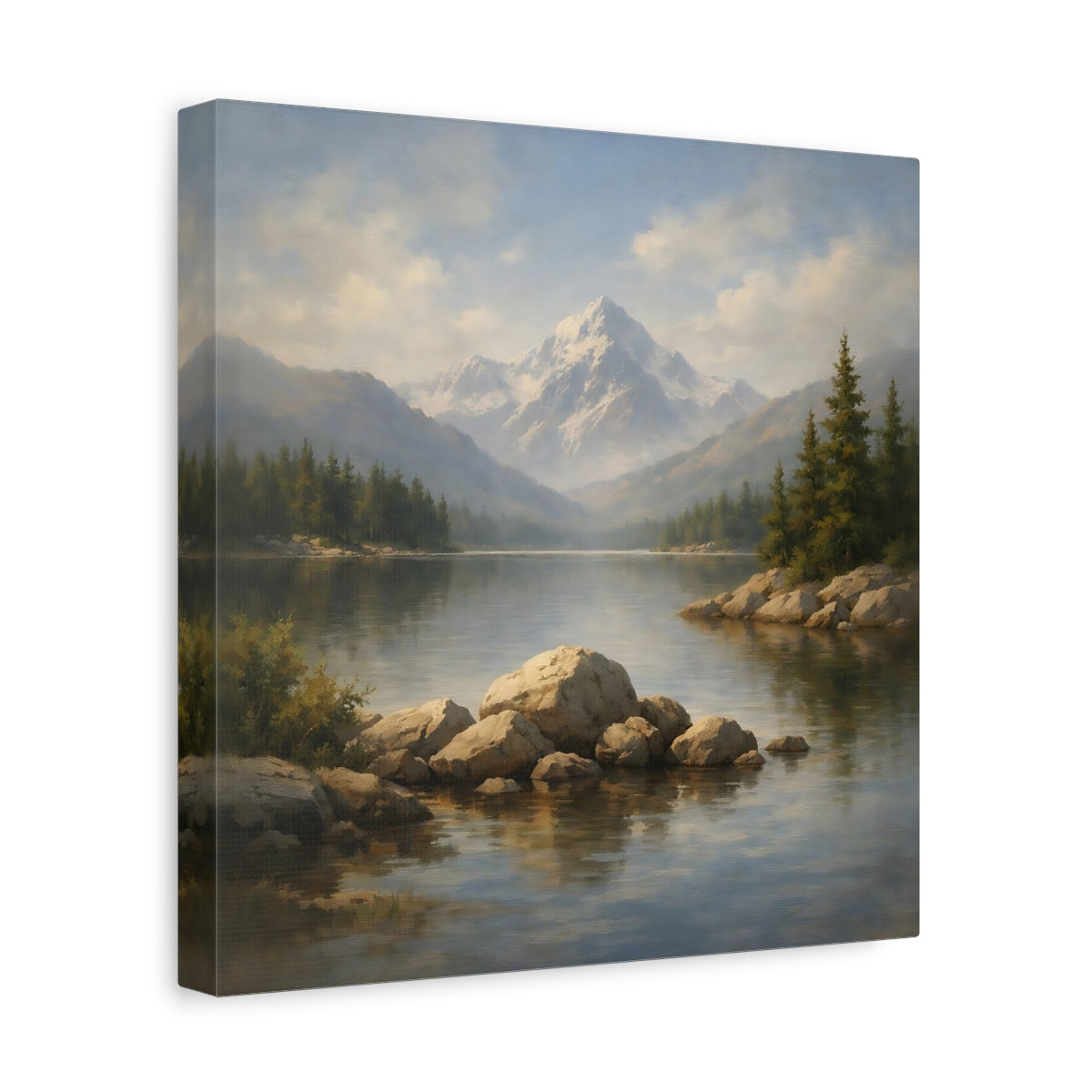 Side Mockup 8. Nature Mountain Lake Mountain Lake Landscape shown as stretched canvas wall art