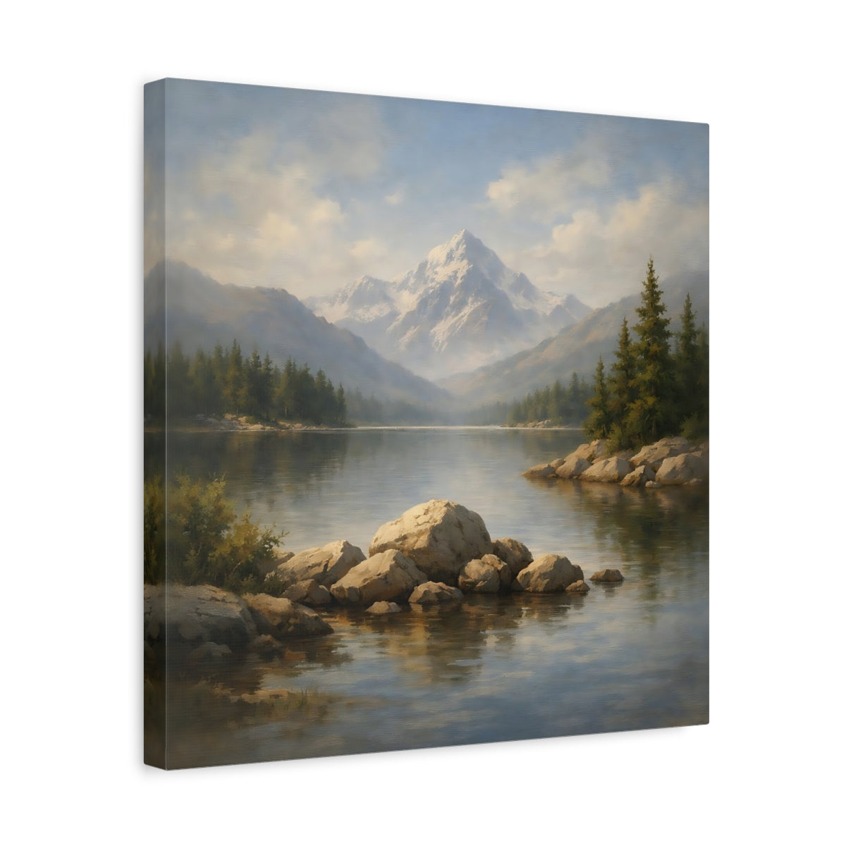 Side Mockup 6. Nature Mountain Lake Mountain Lake Landscape shown as stretched canvas wall art