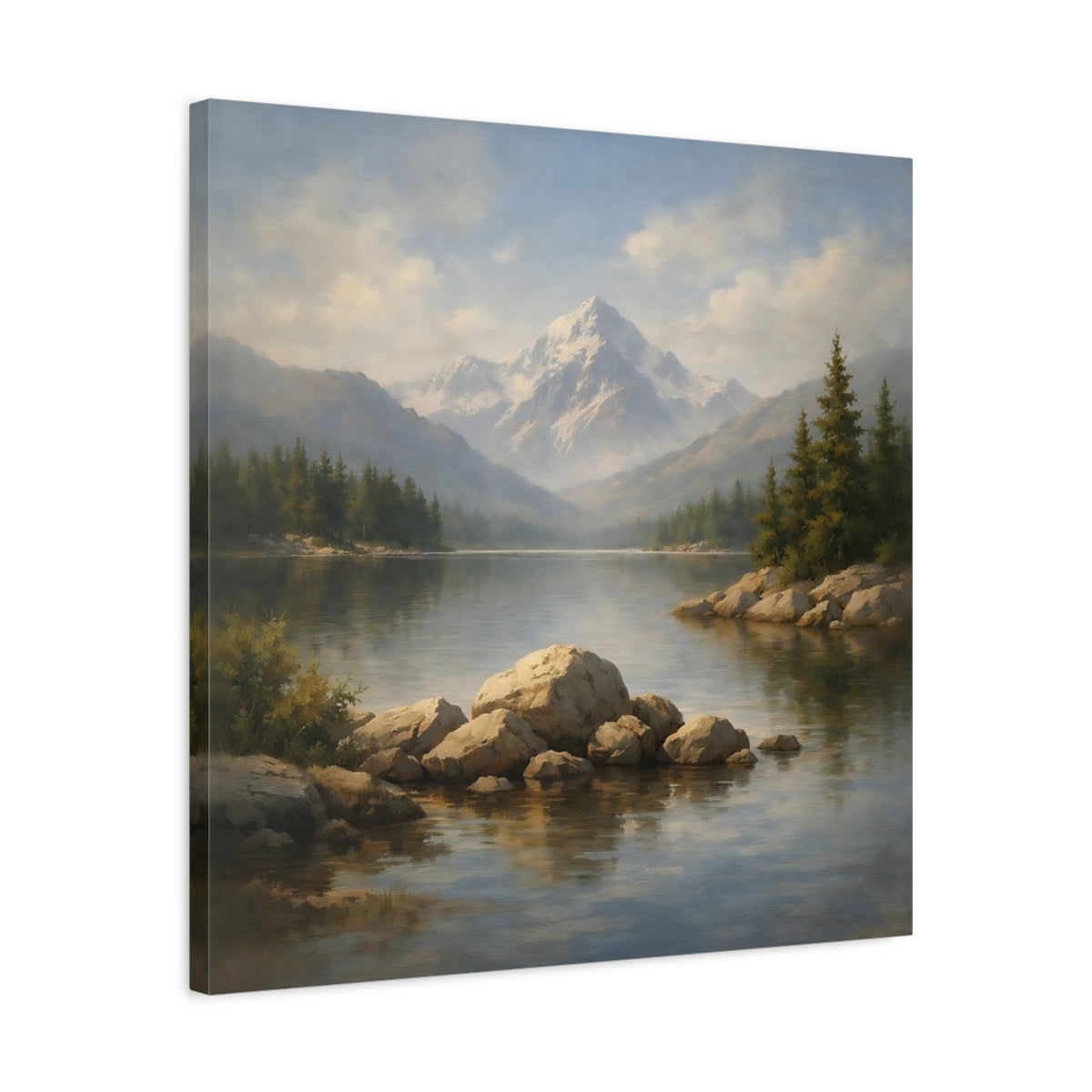 Side Mockup 4. Nature Mountain Lake Mountain Lake Landscape shown as stretched canvas wall art