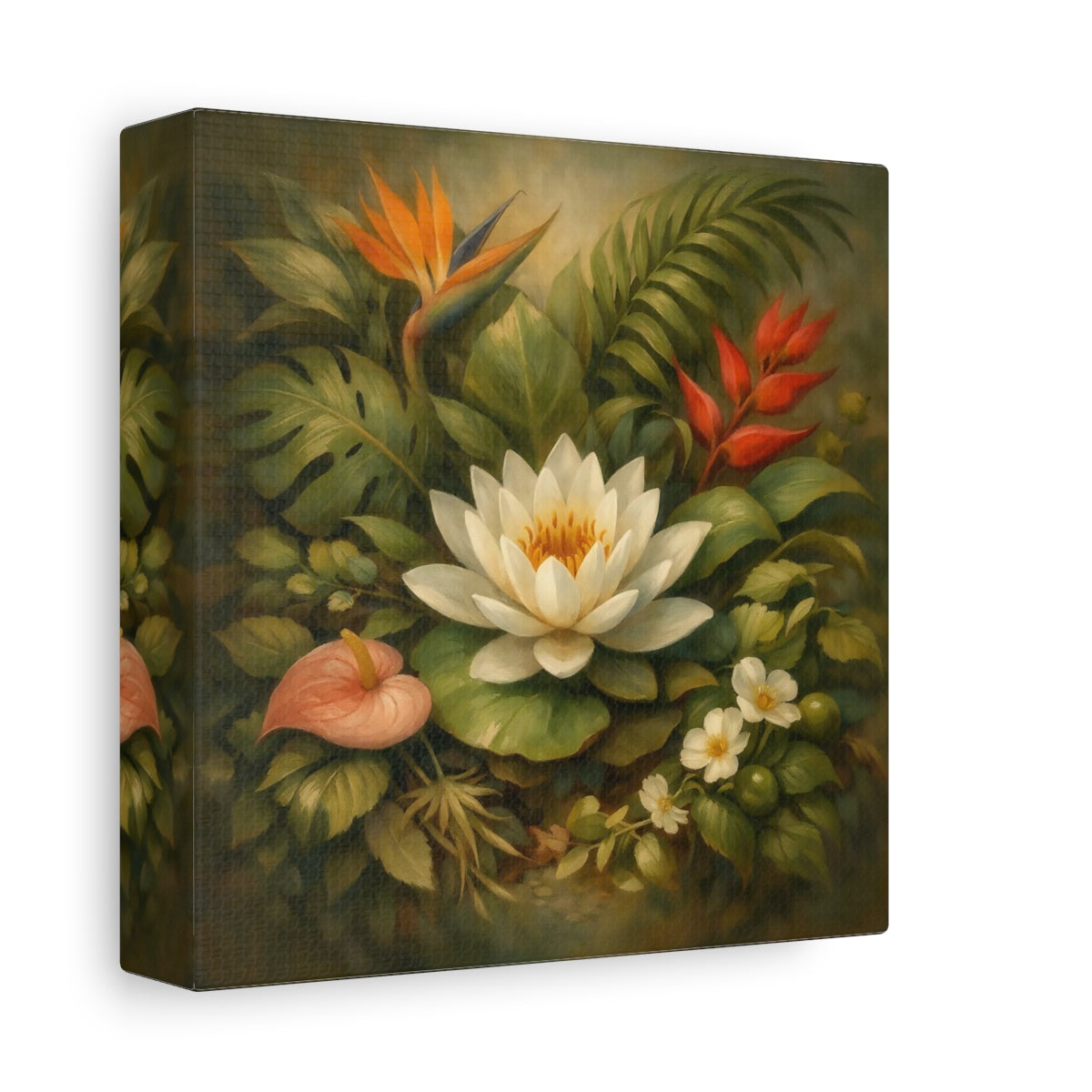 Side Mockup 1. Floral Water Lily Green And White Floral shown as stretched canvas wall art