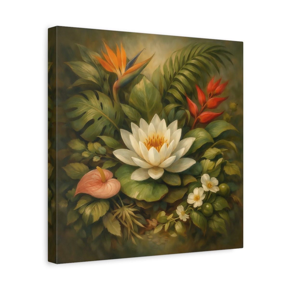 Side Mockup 7. Floral Water Lily Green And White Floral shown as stretched canvas wall art