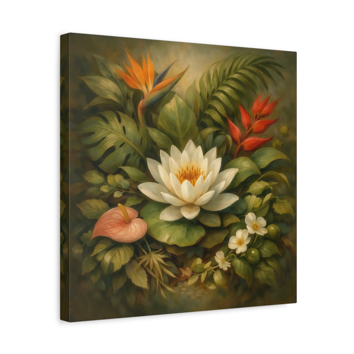 Side Mockup 6. Floral Water Lily Green And White Floral shown as stretched canvas wall art