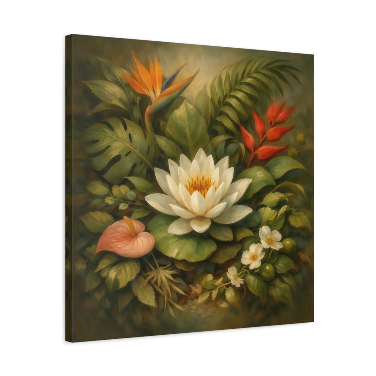 Side Mockup 4. Floral Water Lily Green And White Floral shown as stretched canvas wall art
