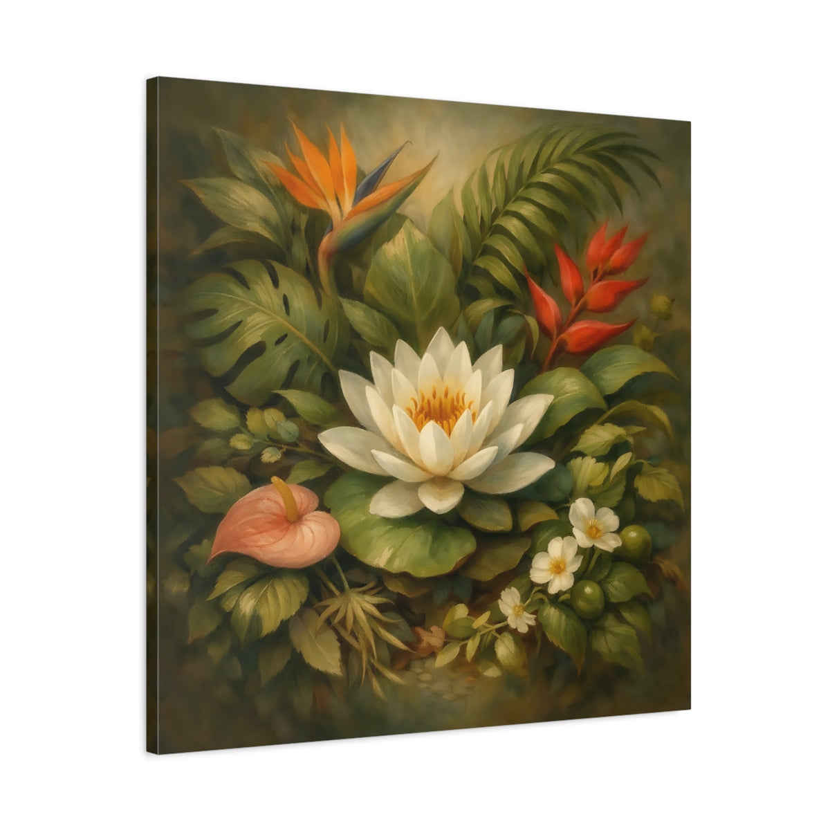 Side Mockup 3. Floral Water Lily Green And White Floral shown as stretched canvas wall art