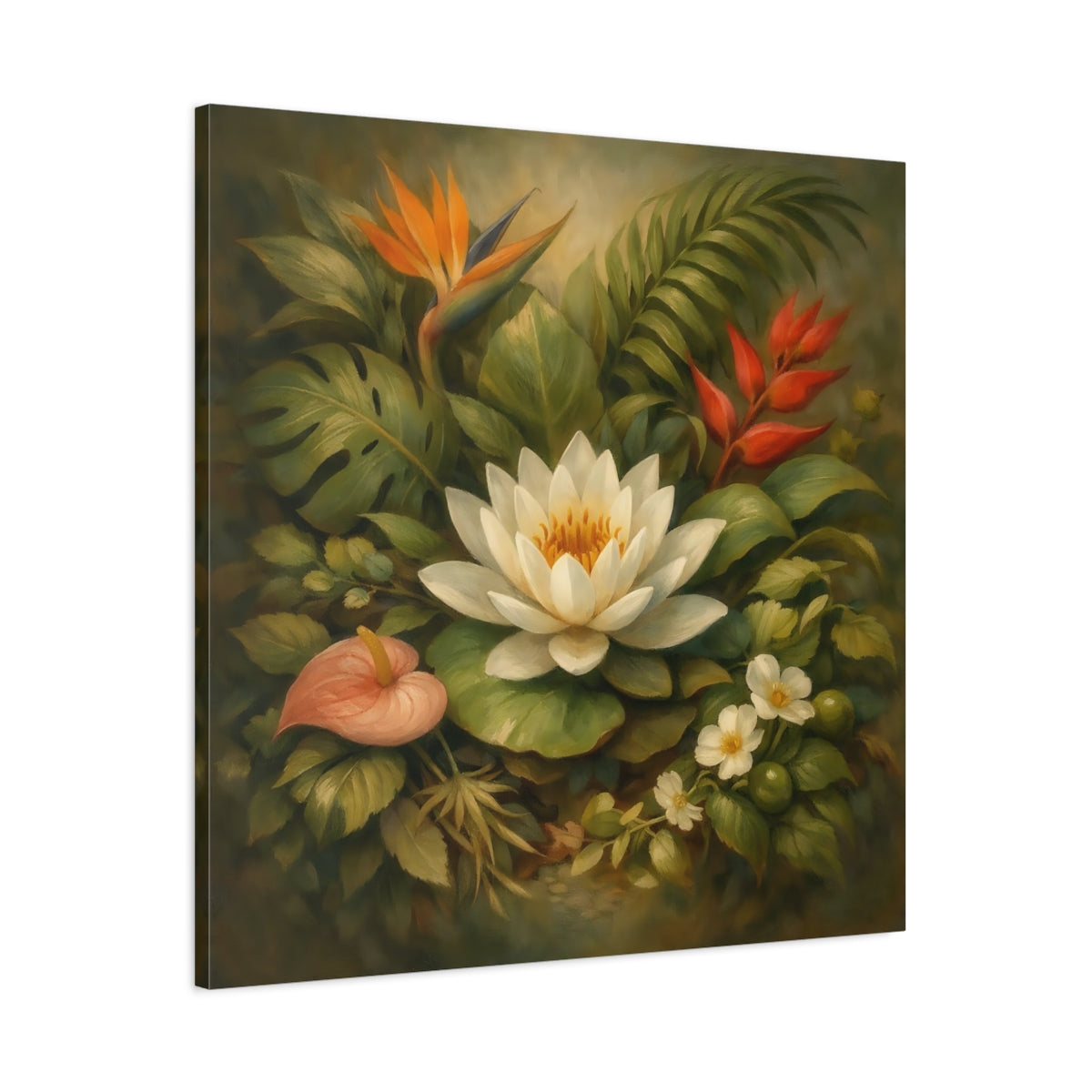 Side Mockup 2. Floral Water Lily Green And White Floral shown as stretched canvas wall art