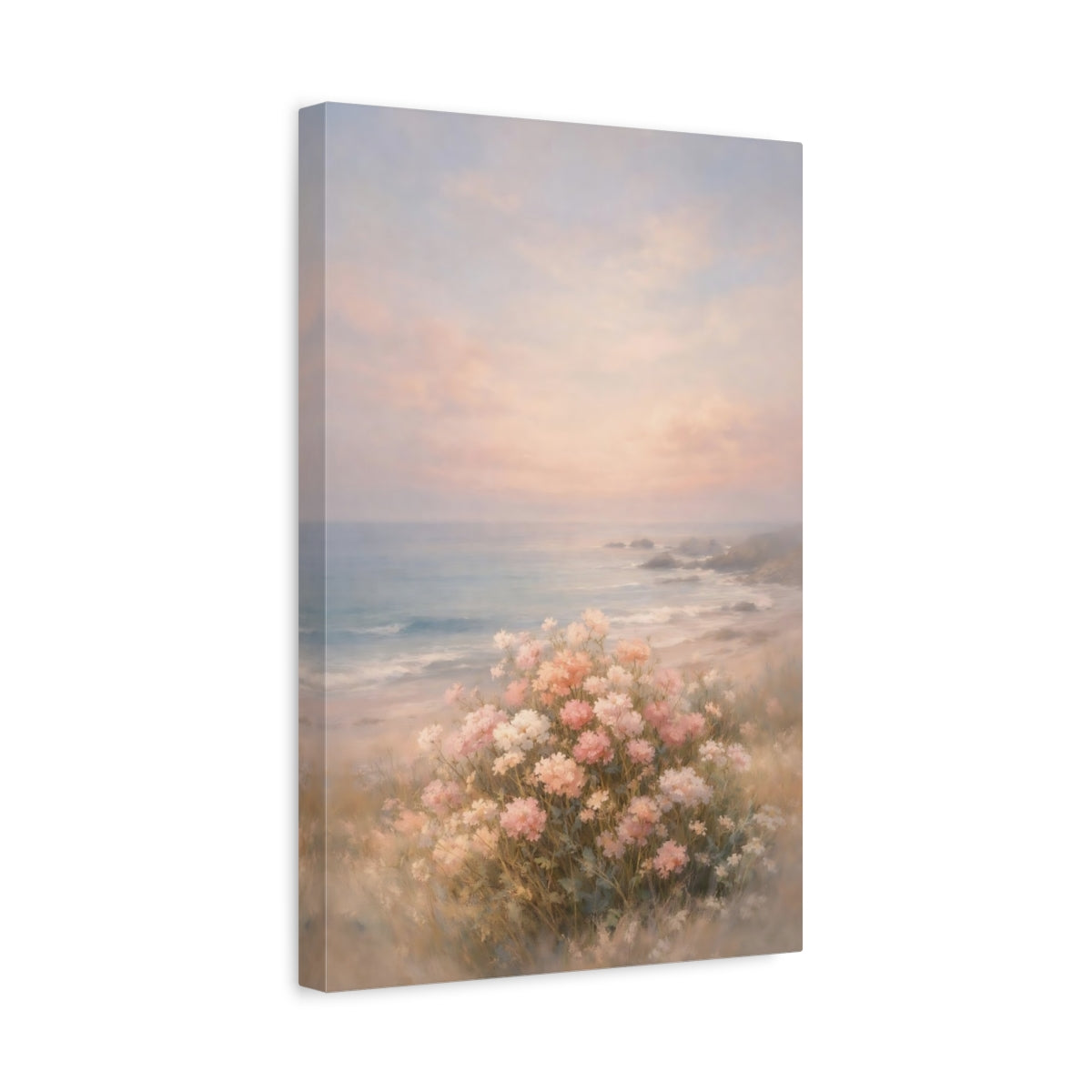 Side Mockup 4. Floral Coastal Flowers Pink Beach Flowers shown as stretched canvas wall art