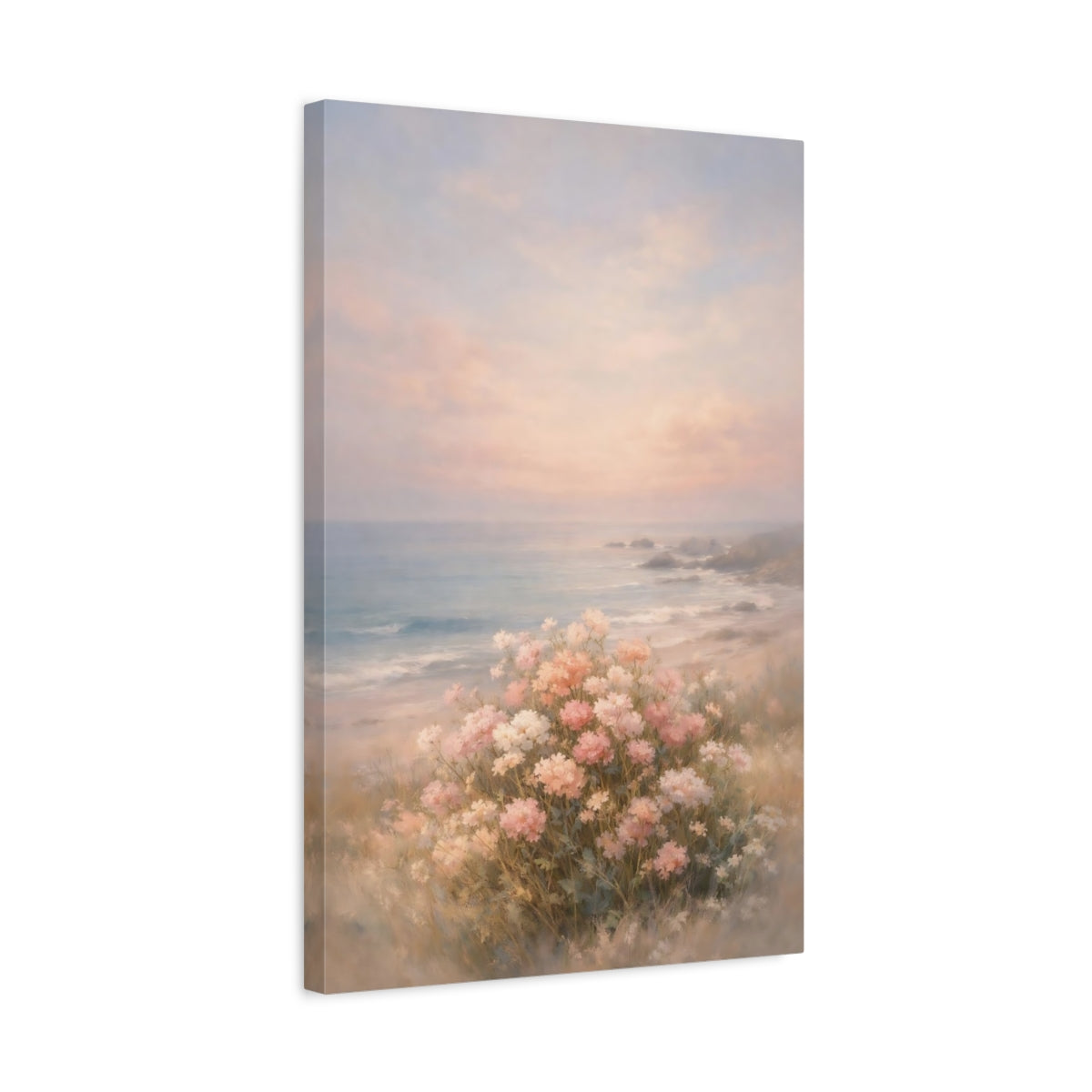 Side Mockup 3. Floral Coastal Flowers Pink Beach Flowers shown as stretched canvas wall art