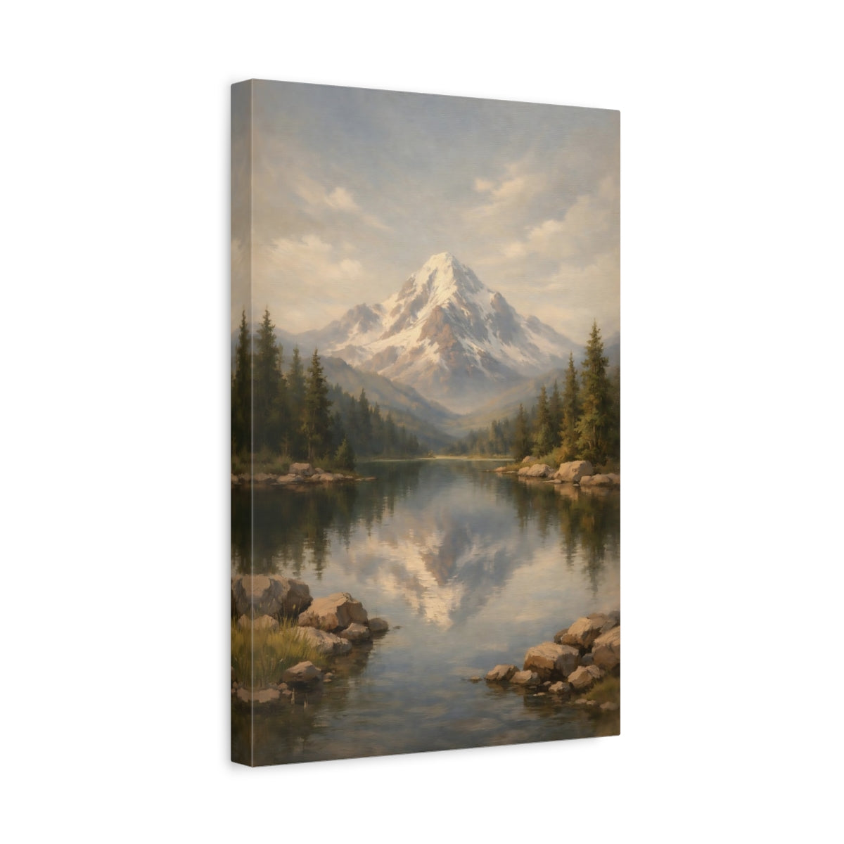 Side Mockup 4. Nature Snowy Mountain Mountain Lake Landscape shown as stretched canvas wall art