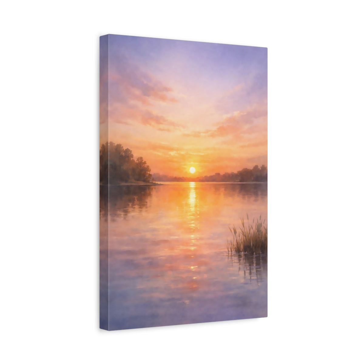Side Mockup 4. Nature Sunset Lake Orange Purple Sunset shown as stretched canvas wall art