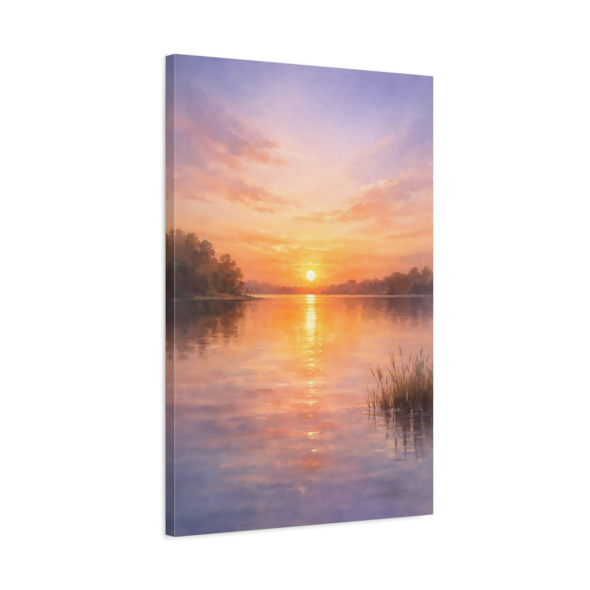 Side Mockup 2. Nature Sunset Lake Orange Purple Sunset shown as stretched canvas wall art