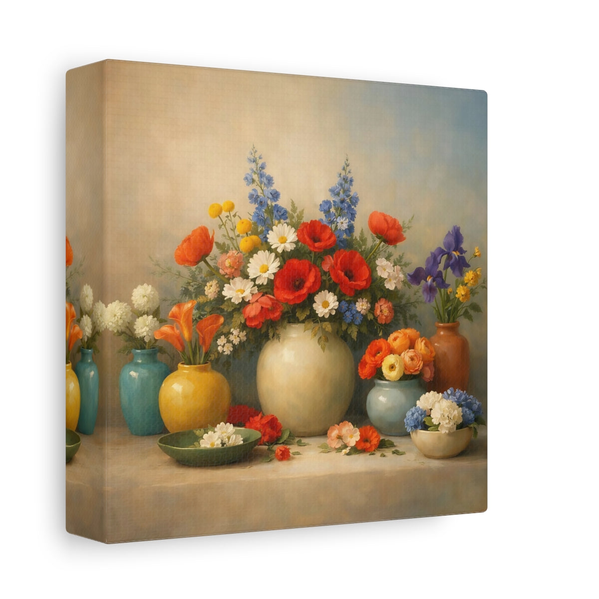 Side Mockup 1. Floral Flower Arrangements Vibrant Floral Still Life shown as stretched canvas wall art