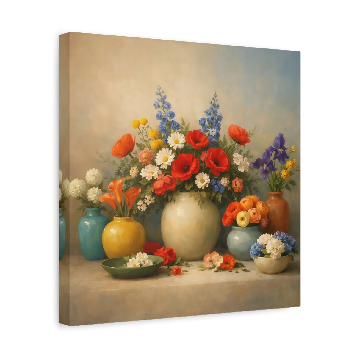 Side Mockup 7. Floral Flower Arrangements Vibrant Floral Still Life shown as stretched canvas wall art