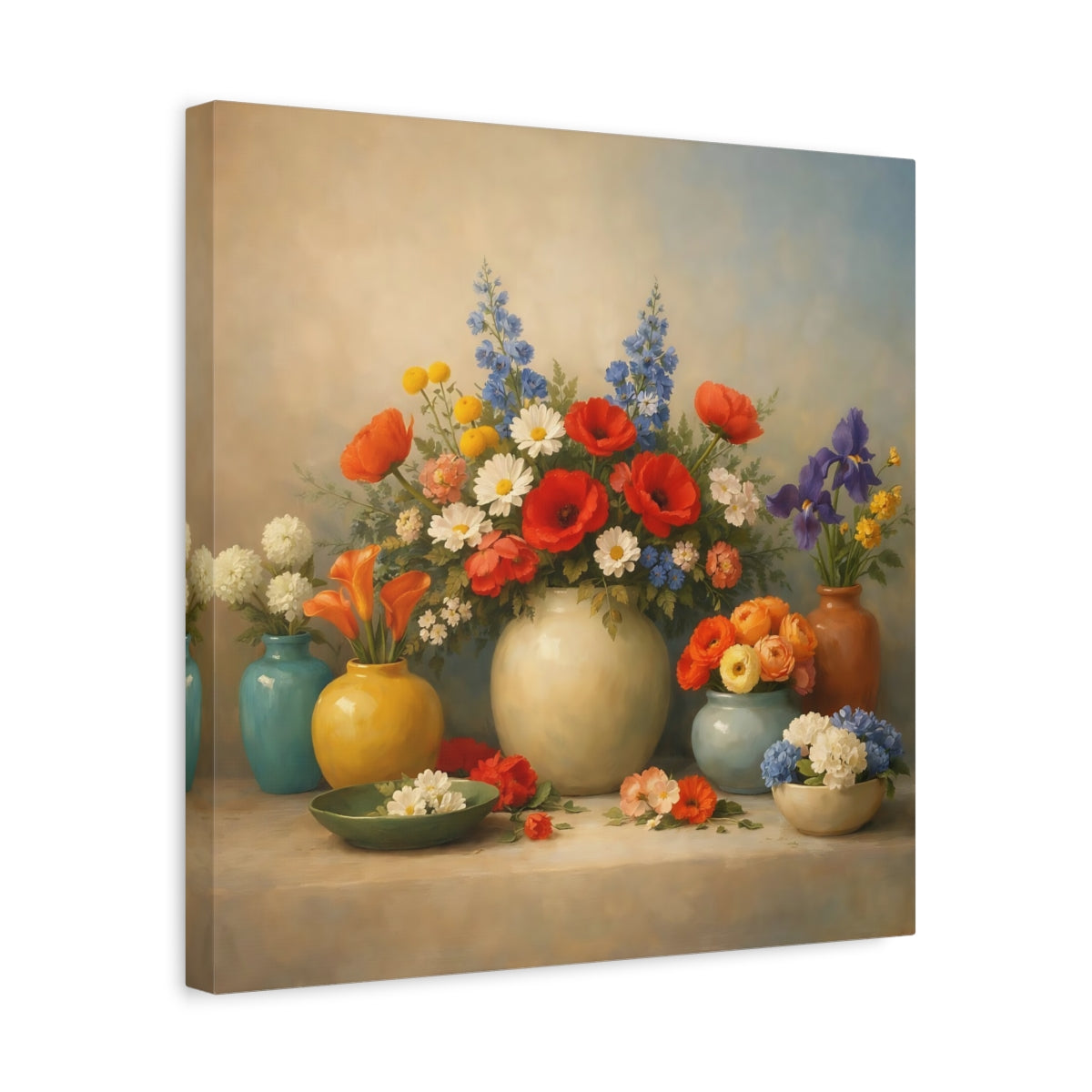 Side Mockup 6. Floral Flower Arrangements Vibrant Floral Still Life shown as stretched canvas wall art