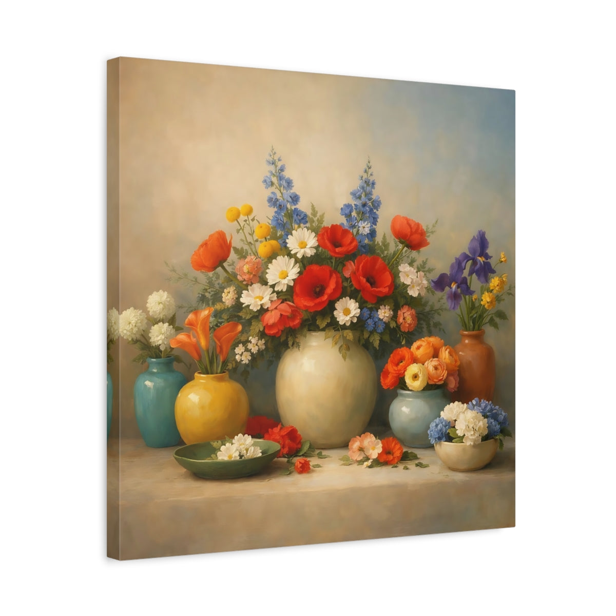 Side Mockup 5. Floral Flower Arrangements Vibrant Floral Still Life shown as stretched canvas wall art