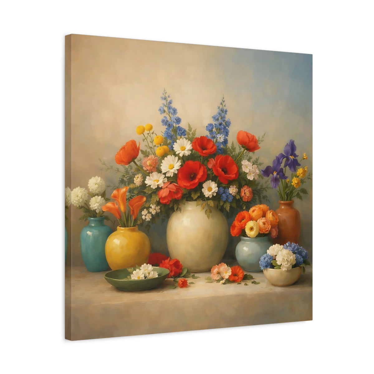 Side Mockup 4. Floral Flower Arrangements Vibrant Floral Still Life shown as stretched canvas wall art