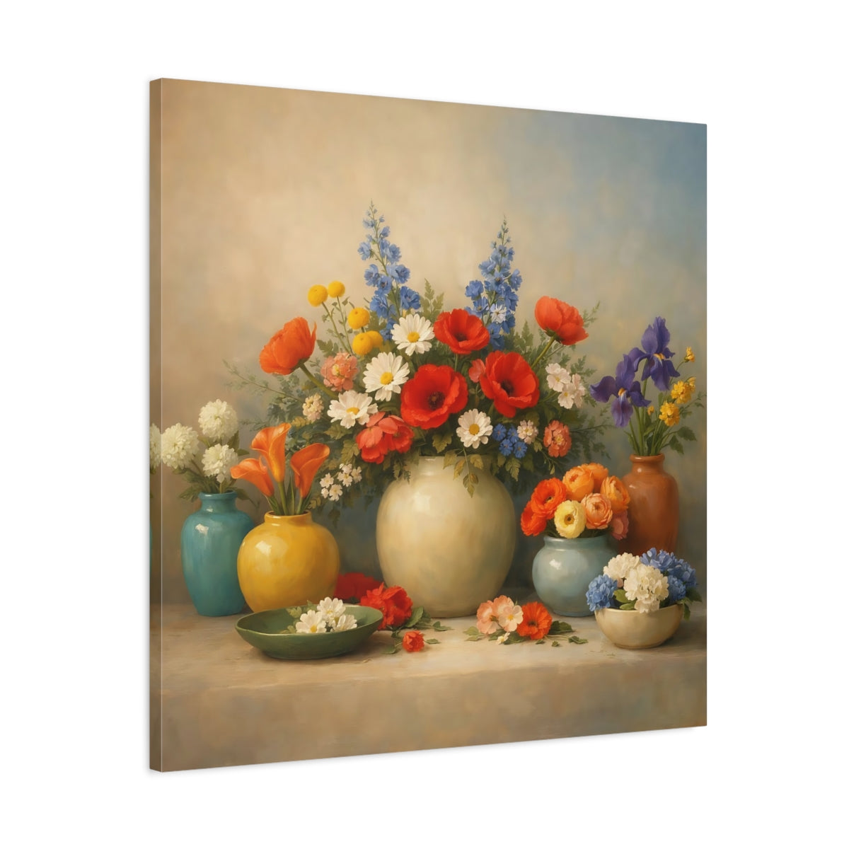 Side Mockup 3. Floral Flower Arrangements Vibrant Floral Still Life shown as stretched canvas wall art