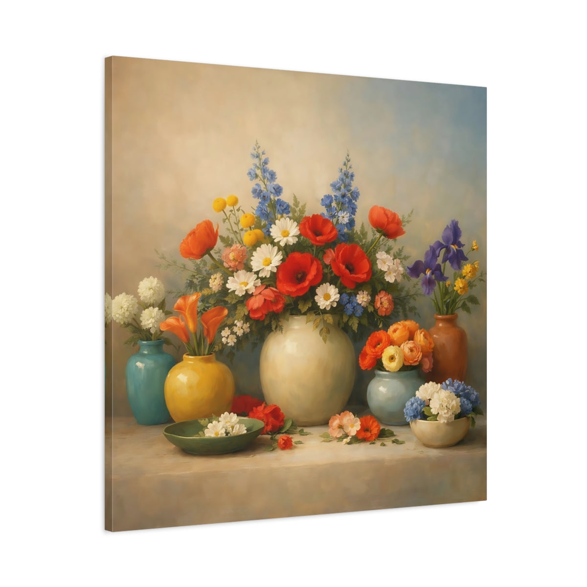 Side Mockup 2. Floral Flower Arrangements Vibrant Floral Still Life shown as stretched canvas wall art