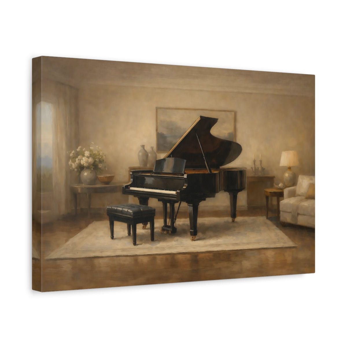 Side Mockup 4. Luxury Minimal Grand Piano Interior Scene shown as stretched canvas wall art
