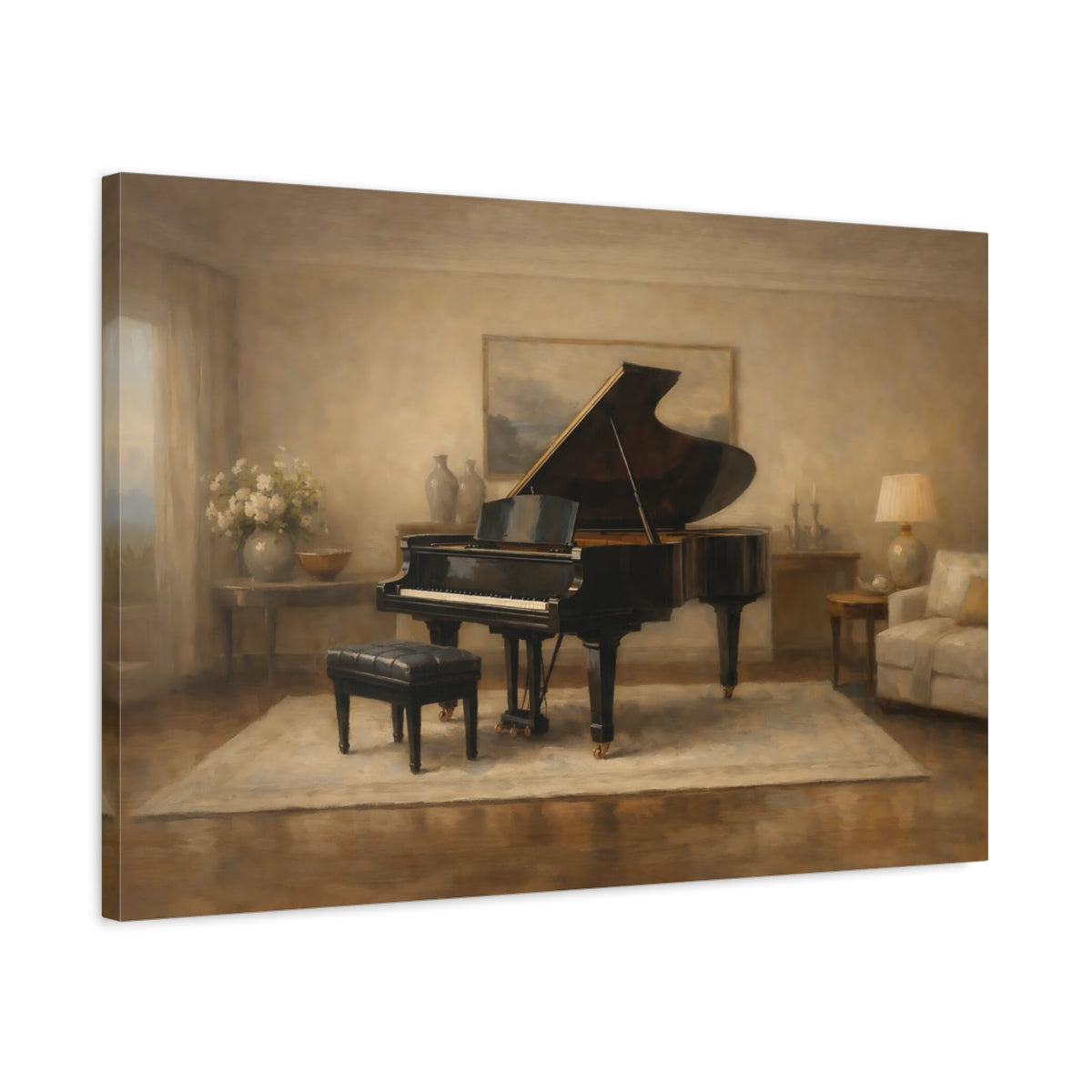 Side Mockup 2. Luxury Minimal Grand Piano Interior Scene shown as stretched canvas wall art