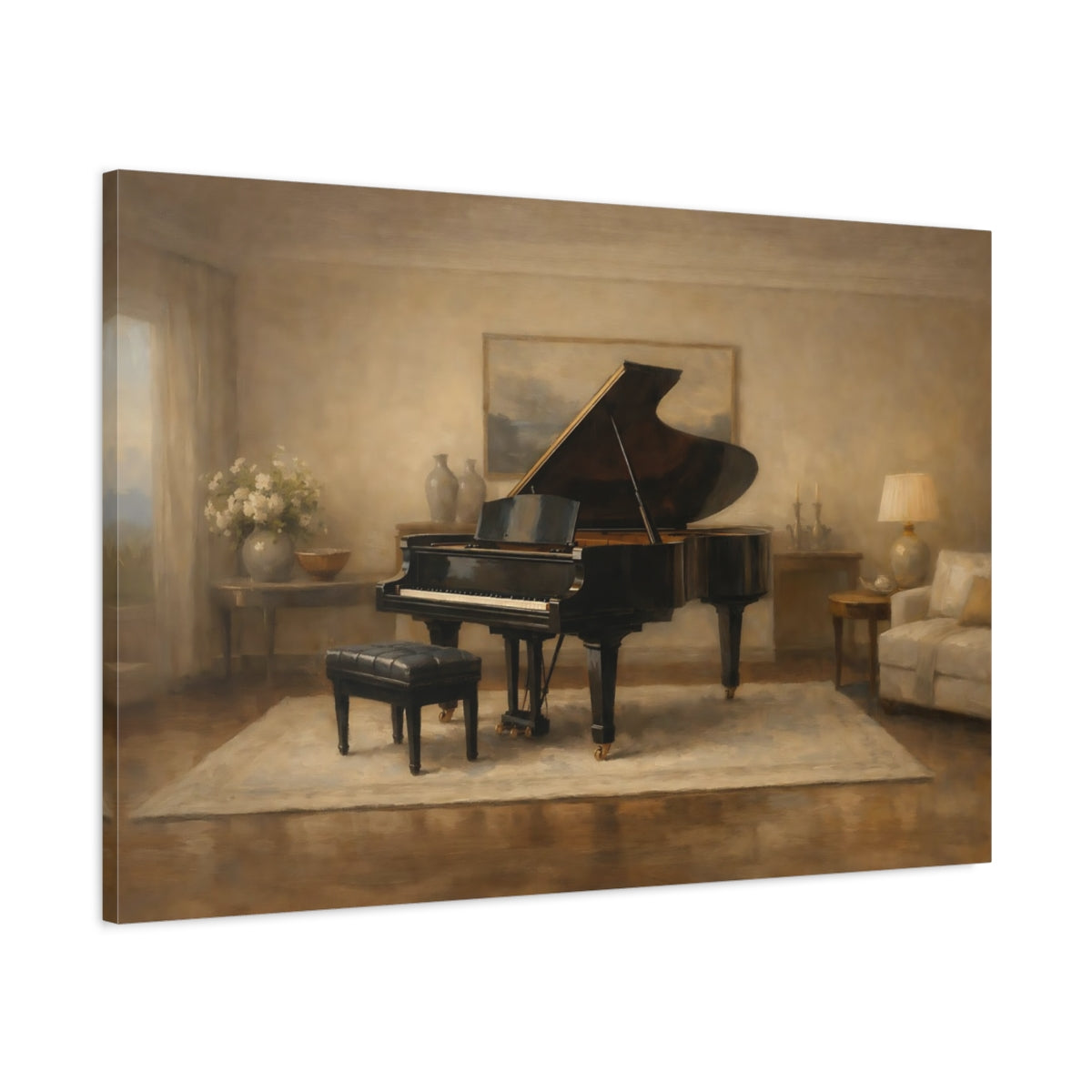 Side Mockup 1. Luxury Minimal Grand Piano Interior Scene shown as stretched canvas wall art