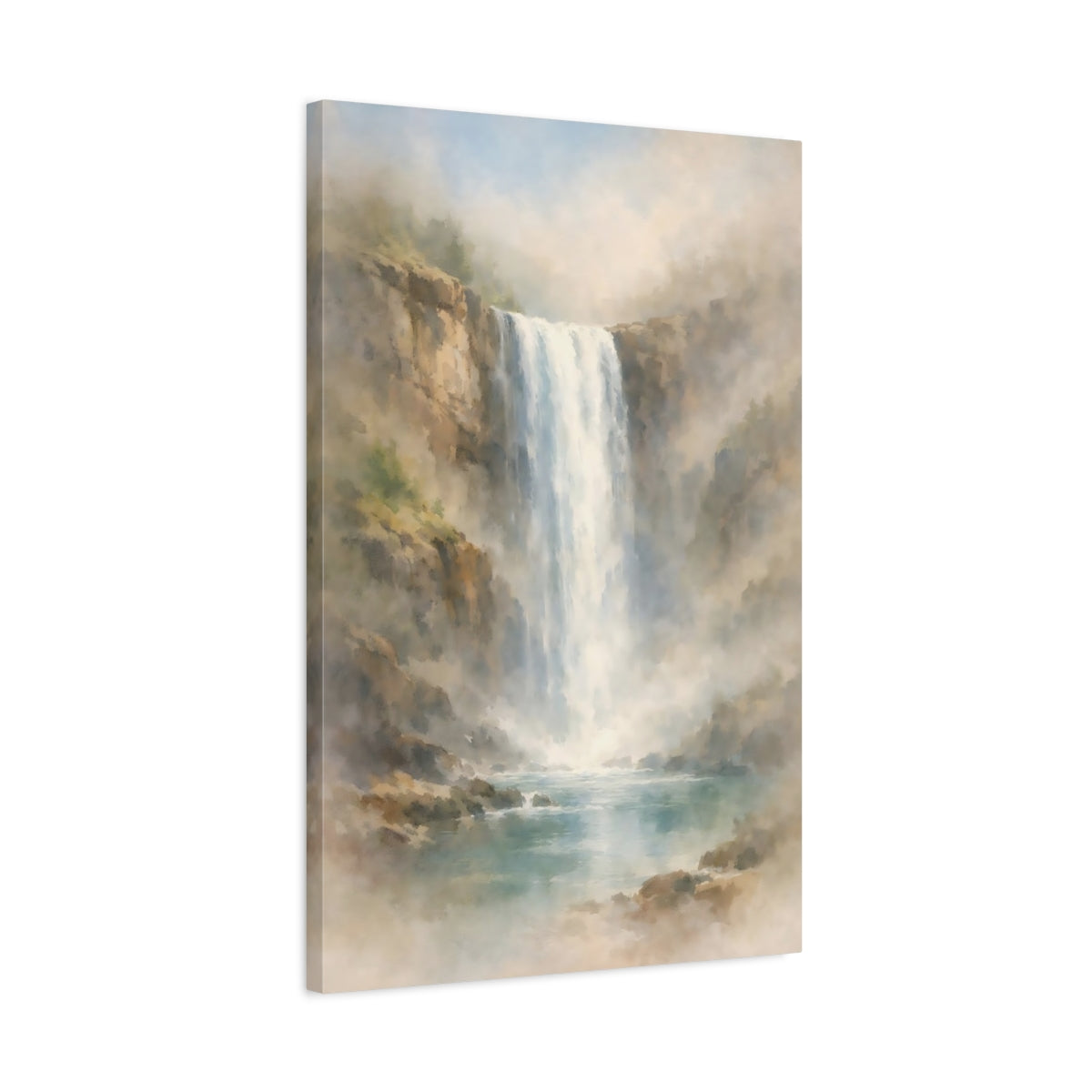 Side Mockup 2. Nature Waterfall Misty Waterfall shown as stretched canvas wall art
