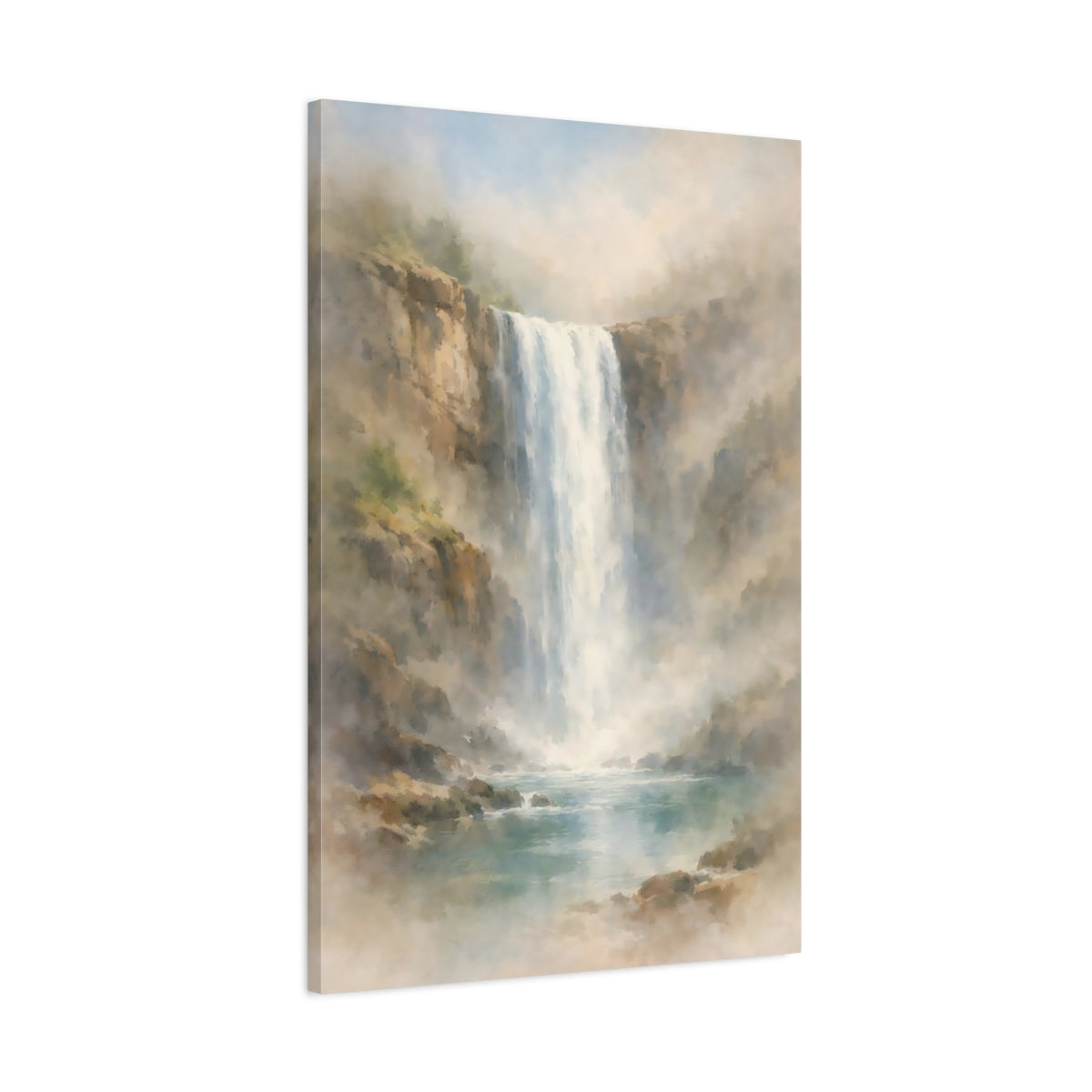 Side Mockup 1. Nature Waterfall Misty Waterfall shown as stretched canvas wall art