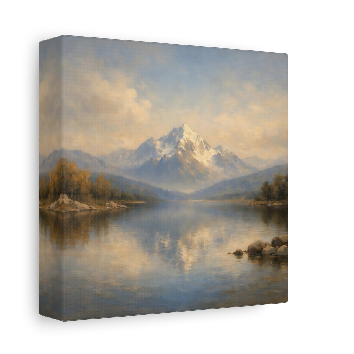 Side Mockup 1. Nature Snowy Mountain Mountain Lake Landscape shown as stretched canvas wall art
