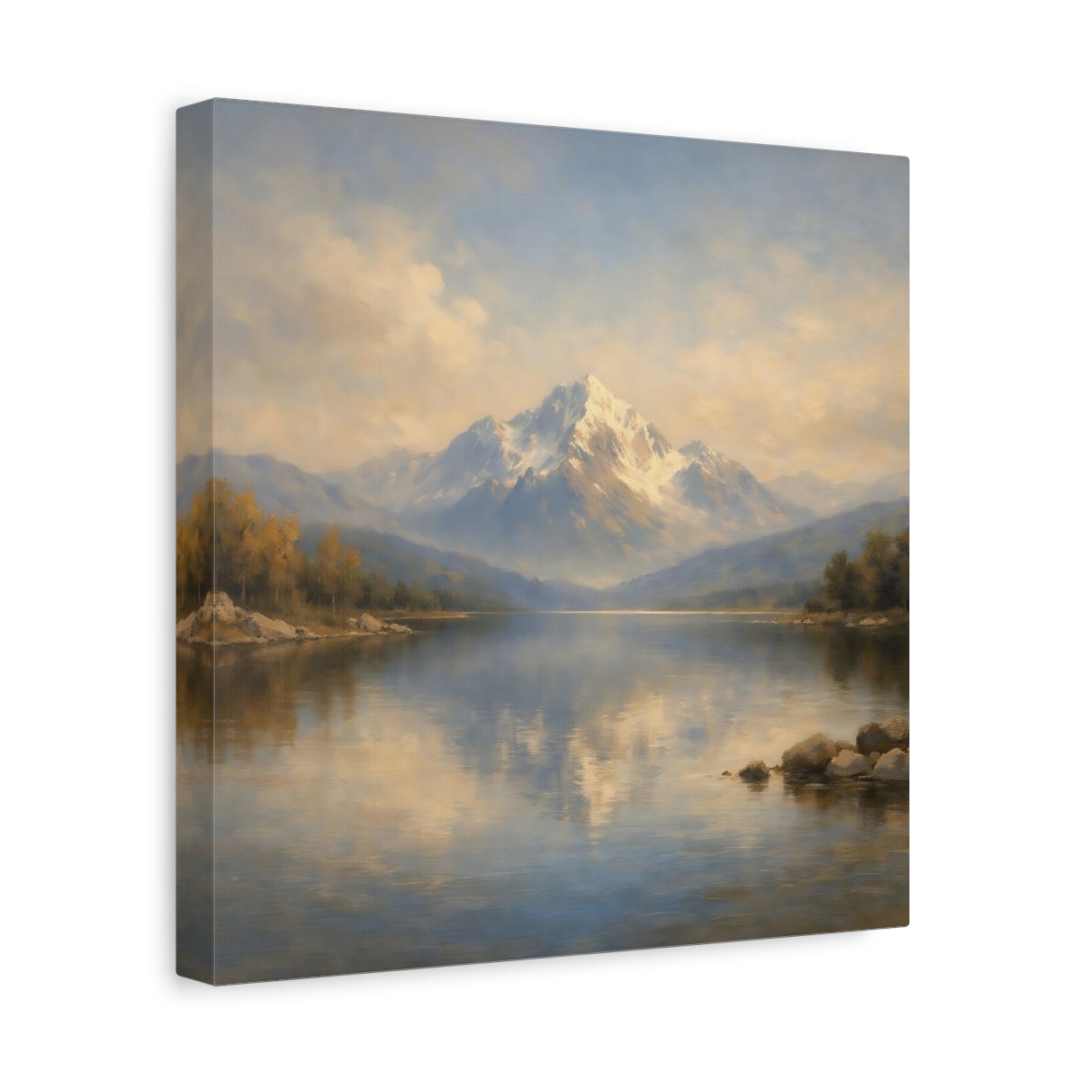 Side Mockup 8. Nature Snowy Mountain Mountain Lake Landscape shown as stretched canvas wall art