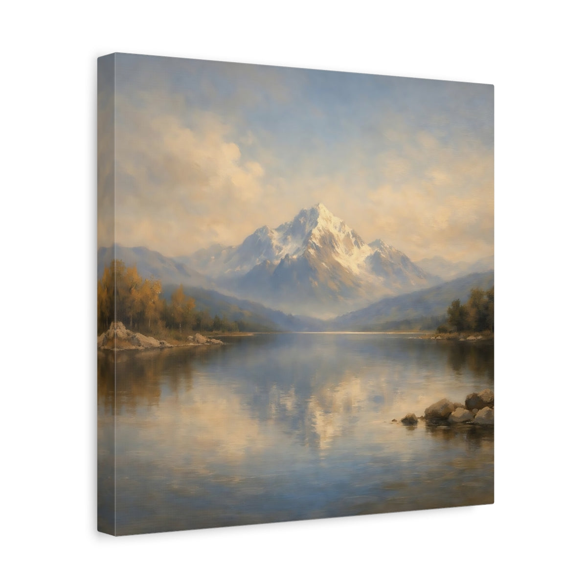Side Mockup 7. Nature Snowy Mountain Mountain Lake Landscape shown as stretched canvas wall art