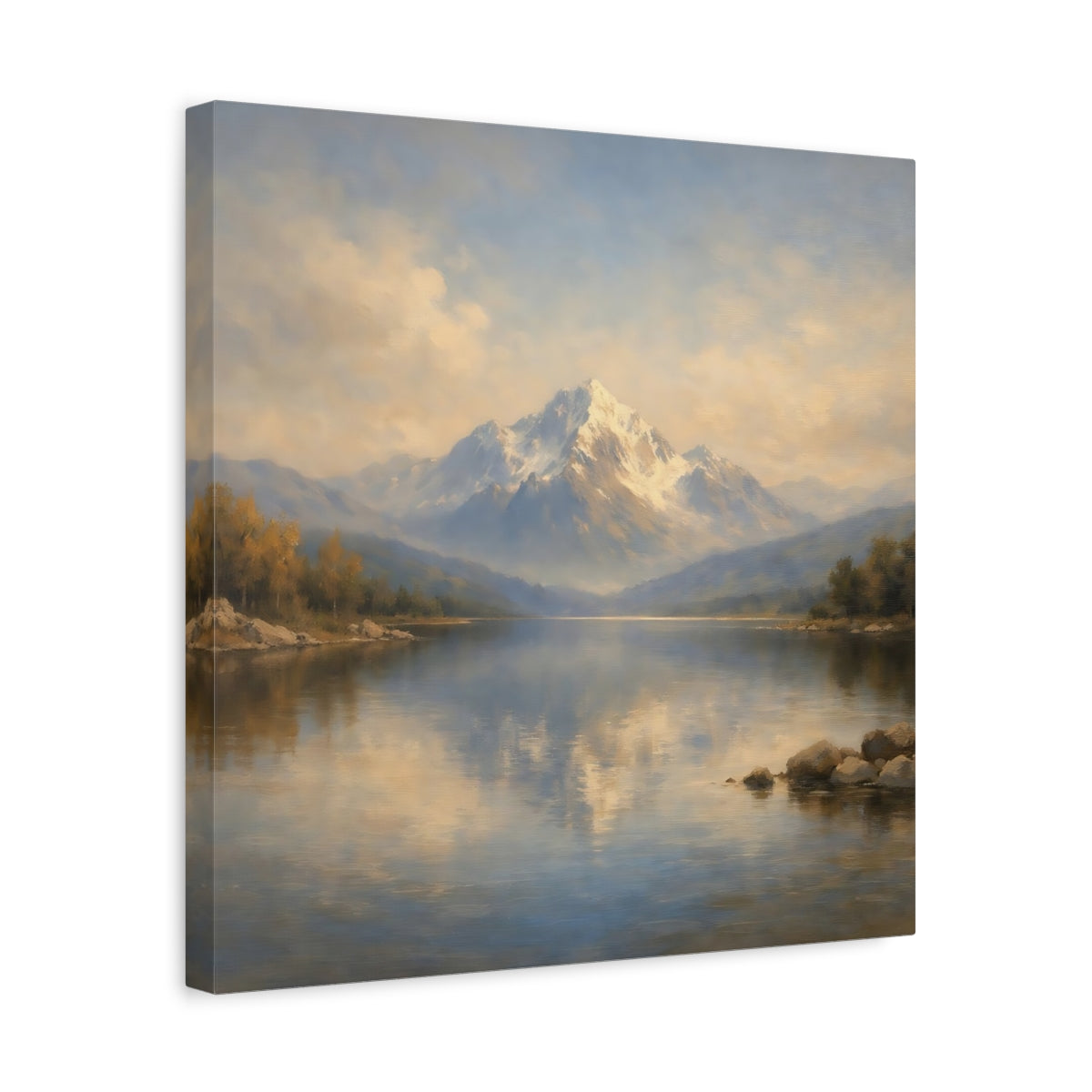 Side Mockup 6. Nature Snowy Mountain Mountain Lake Landscape shown as stretched canvas wall art