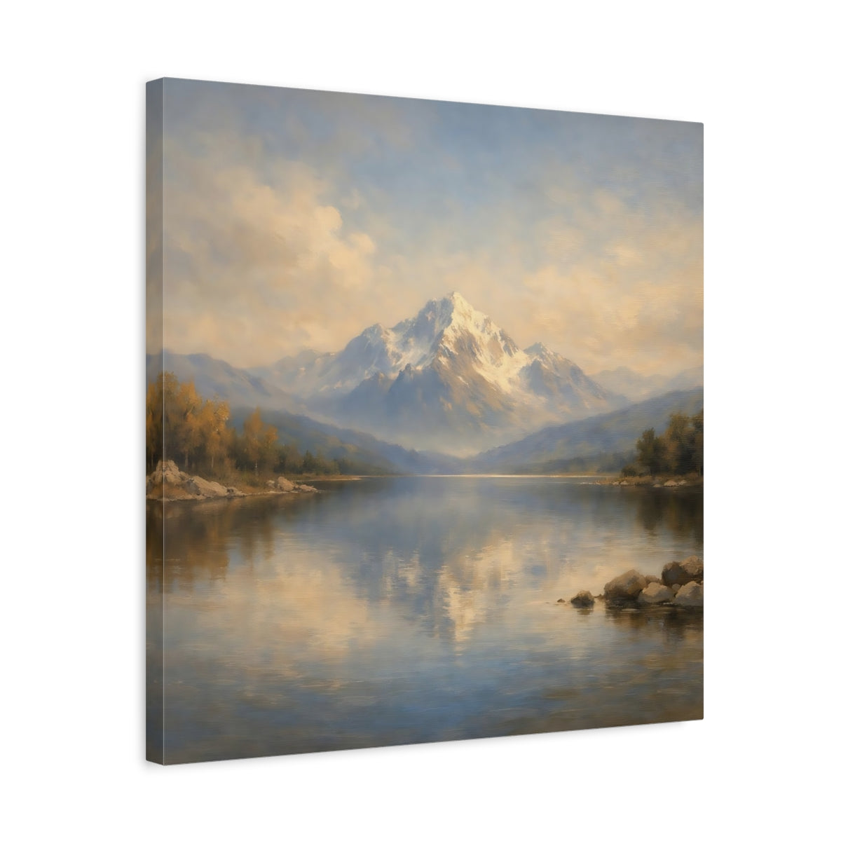 Side Mockup 5. Nature Snowy Mountain Mountain Lake Landscape shown as stretched canvas wall art