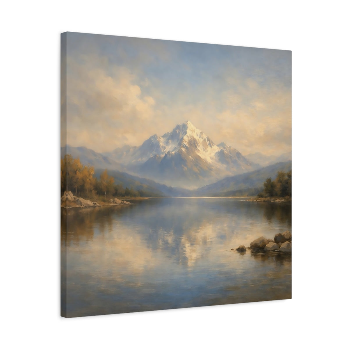 Side Mockup 4. Nature Snowy Mountain Mountain Lake Landscape shown as stretched canvas wall art