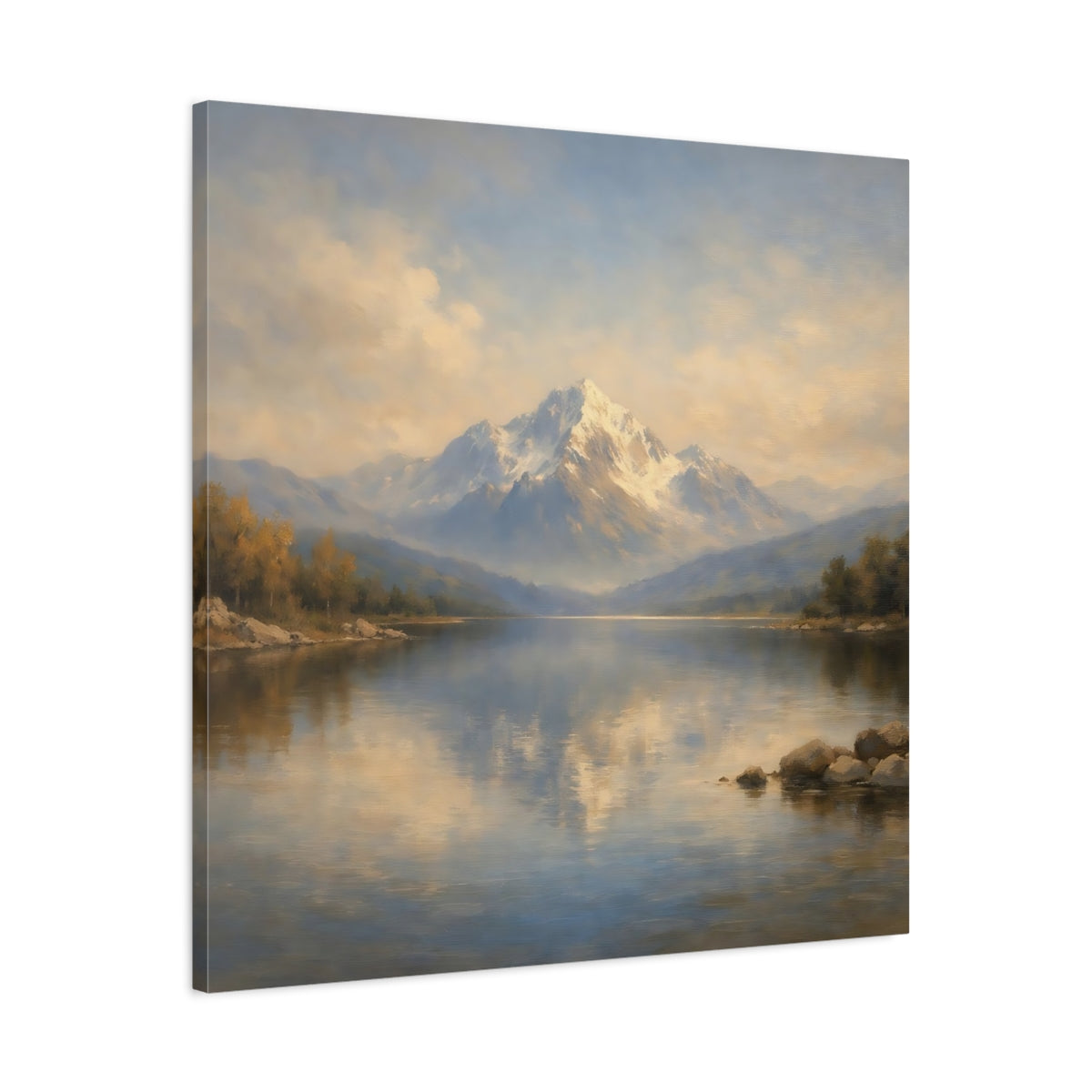 Side Mockup 3. Nature Snowy Mountain Mountain Lake Landscape shown as stretched canvas wall art