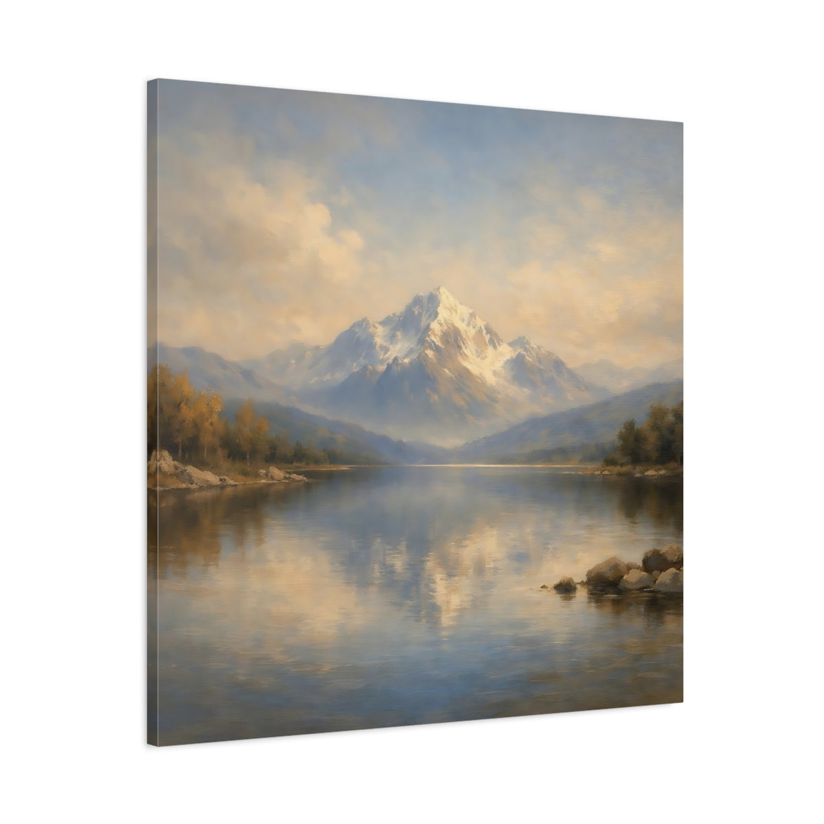 Side Mockup 2. Nature Snowy Mountain Mountain Lake Landscape shown as stretched canvas wall art