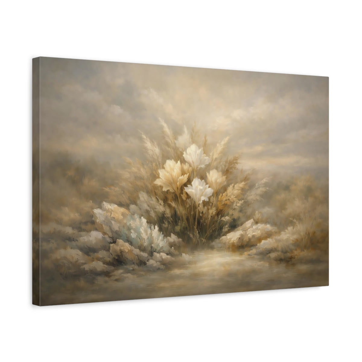 Side Mockup 3. Mineral Abstract Botanical Dramatic Shadow Field shown as stretched canvas wall art