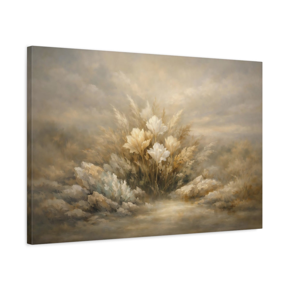 Side Mockup 2. Mineral Abstract Botanical Dramatic Shadow Field shown as stretched canvas wall art