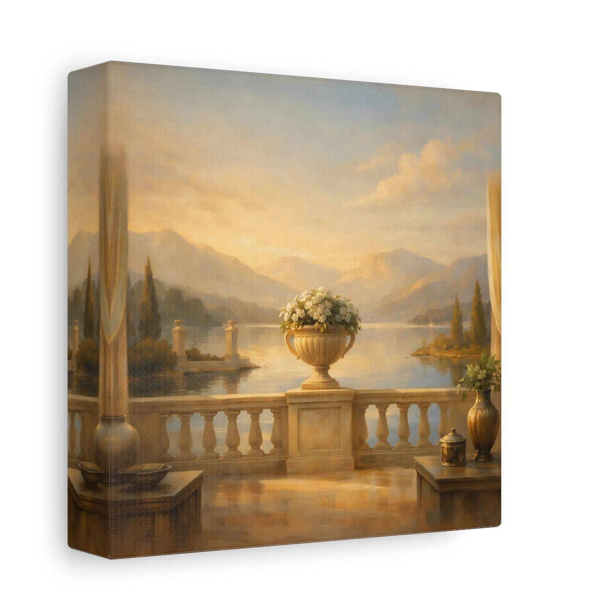Side Mockup 1. Nature Lake View Warm Lake Landscape shown as stretched canvas wall art